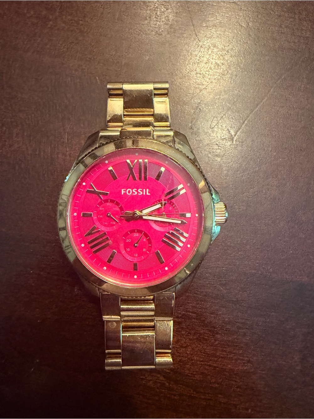 Fossil Gold-Tone Bracelet Watch with Bright Pink Dial